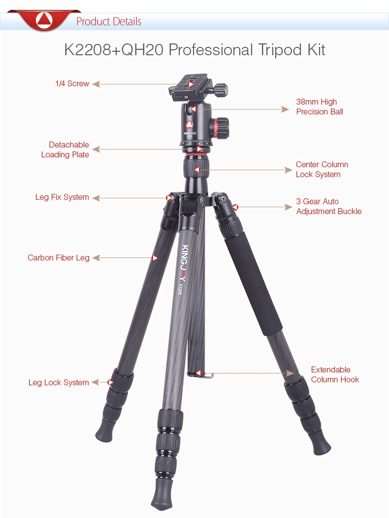 Private Label Manufacturers Professional 4 Sections 1.8m Carbon Fiber Photographic Video Camera Tripod for Hunting